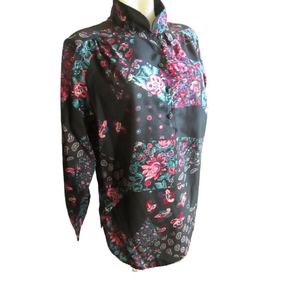 Vintage Women's Top 18 Large 1980's DonnKenny Black Polyester wild print Nylon L - Picture 2 of 9